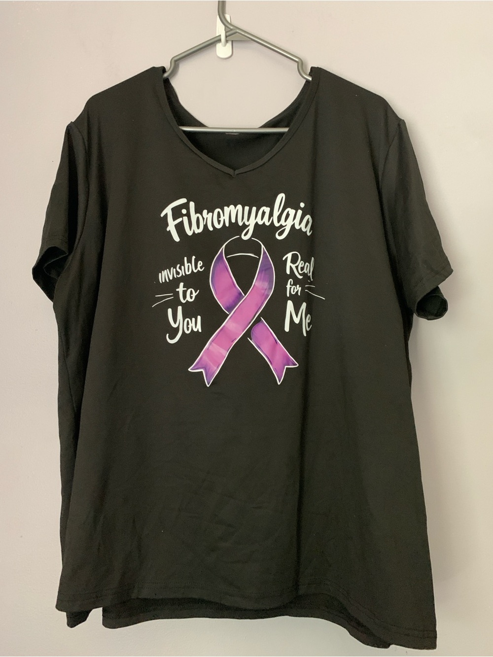 Fibromyalgia Awareness Black Tee with Purple Ribbon